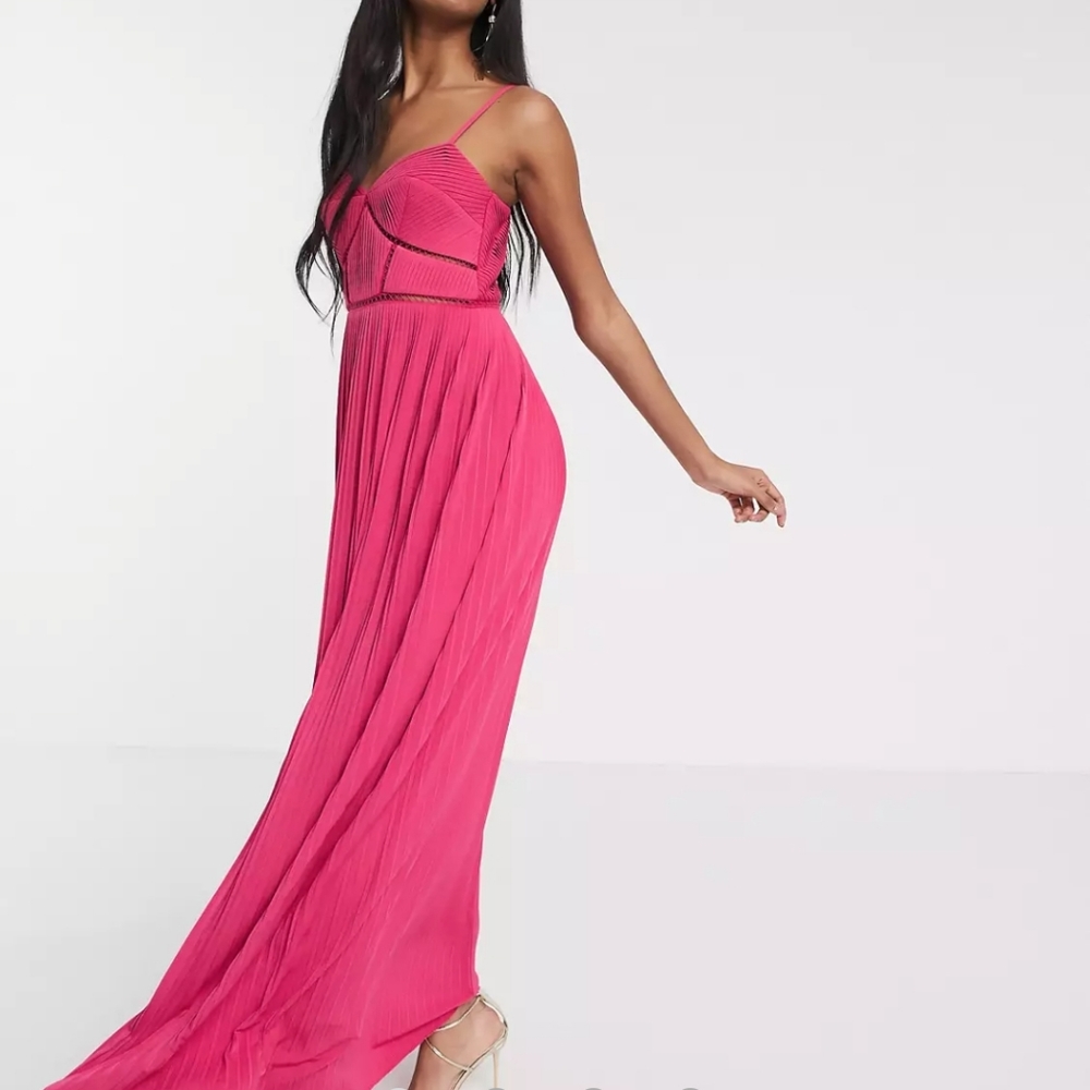 ASOS DESIGN Premium cami pleated maxi dress with ladder trim detail in fuchsia